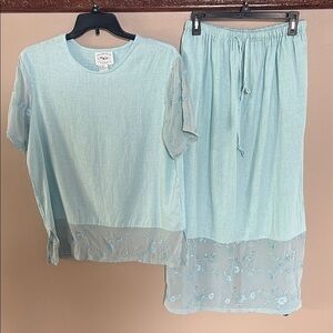 Country Wear casual VINTAGE 2 piece skirt set linen silk aqua blue Large